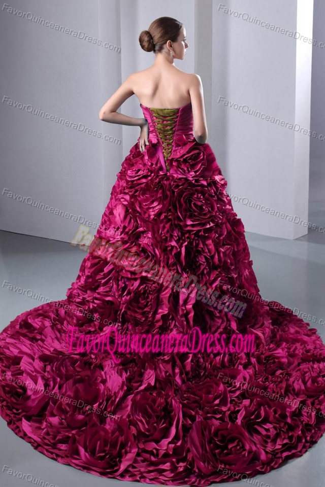 Taffeta Hot Pink Princess for Quinceanera Gown Dresses with Handle Flowers