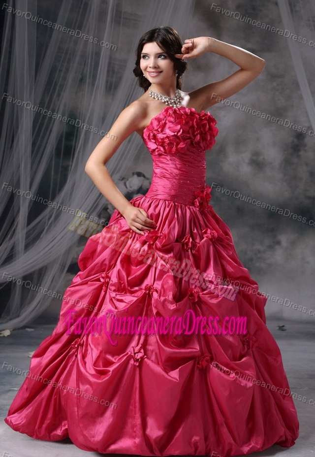 Handle Flowers and Pick-ups Bodice Ruched Quinceanera Dress in Coral Red