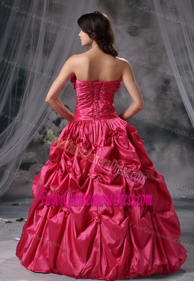 Handle Flowers and Pick-ups Bodice Ruched Quinceanera Dress in Coral Red