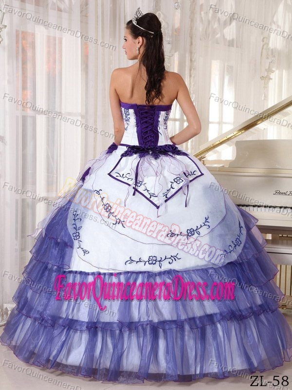 withe and Purple Ball Gown Embroidery Quinces Dress in Satin and Organza