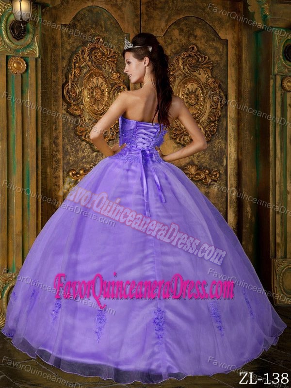Organza Lavender Ball Gown Strapless Dresses for Quince with Applique