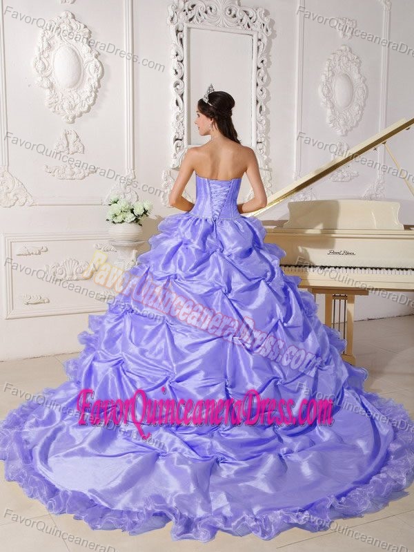 Strapless Chapel Train Taffeta Purple Dresses for Quince with Ruffles