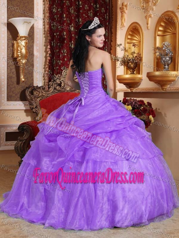 Appliqued Purple Ball Gown Organza Quinceanera Party Dresses with Pick-ups