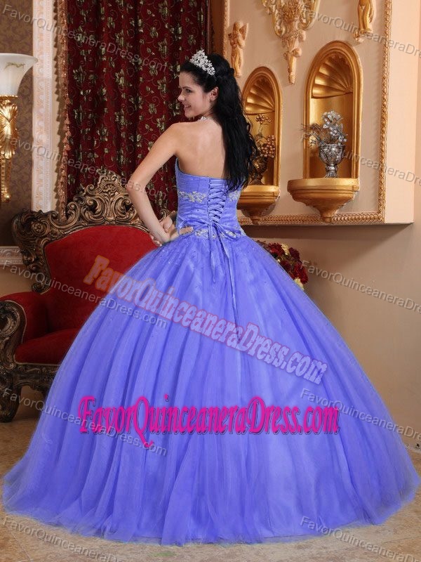 Pretty Strapless Purple Ball Gown Tulle Quinceanera Party Dress with Appliques