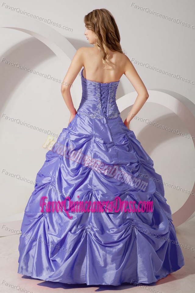 Lavender Strapless Ball Gown Appliqued Taffeta Quinceanera Dress with Pick-ups