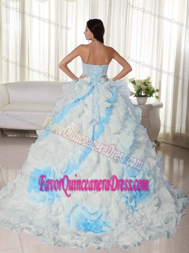 Pretty White and Blue Ruffled Quinceanera Gown with Appliques in Organza