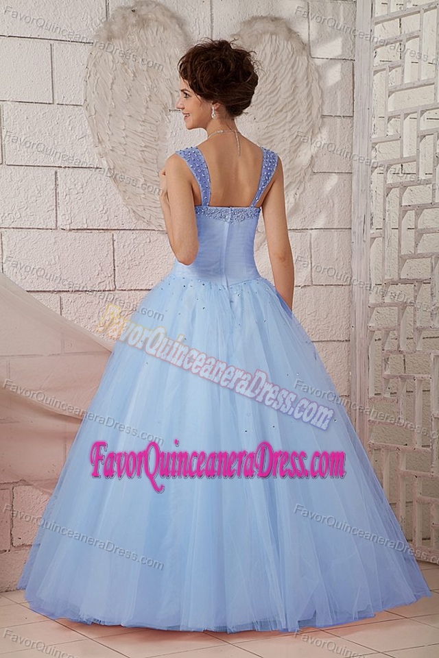 Light Blue V-neck Ruched Quinceanera Dress with Straps and Beadings 2010