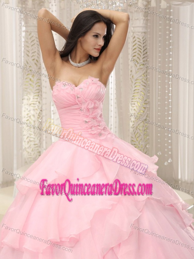 Baby Pink Sweetheart Floor-length Cheap Quince Dresses in Organza