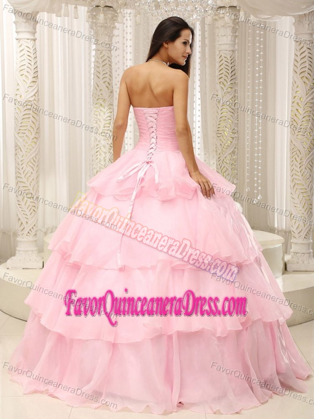 Baby Pink Sweetheart Floor-length Cheap Quince Dresses in Organza