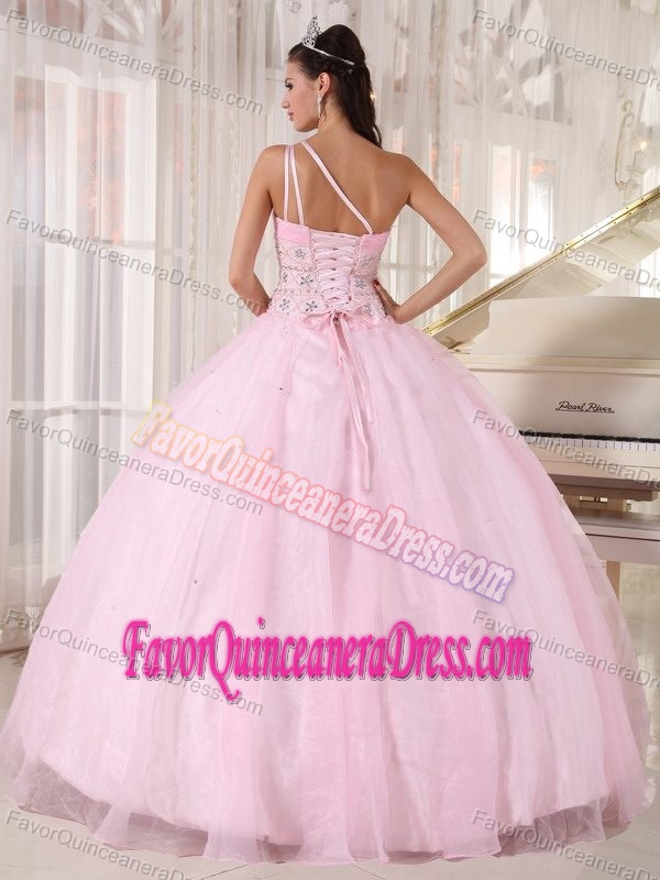 Baby Pink One Shoulder Floor-length Top Dresses for Quince in Tulle