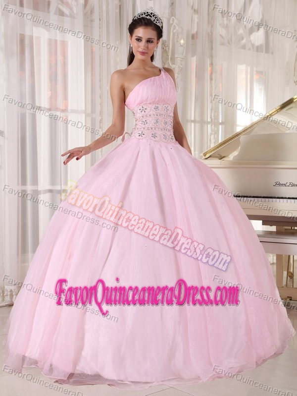 Baby Pink One Shoulder Floor-length Top Dresses for Quince in Tulle