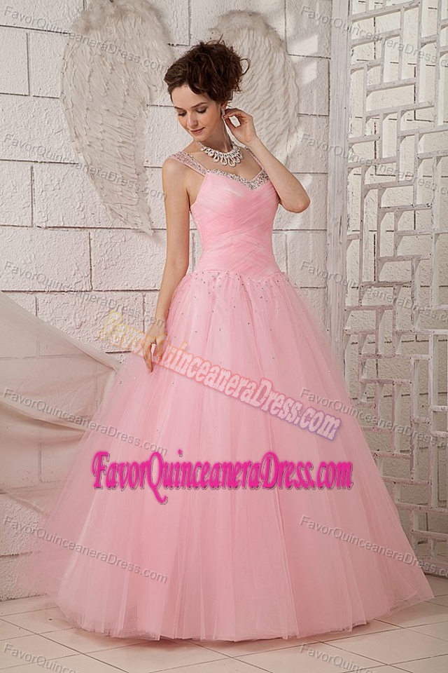 Light Pink A-line Dress for Quinceanera Made in Tulle with Beaded Straps 2013