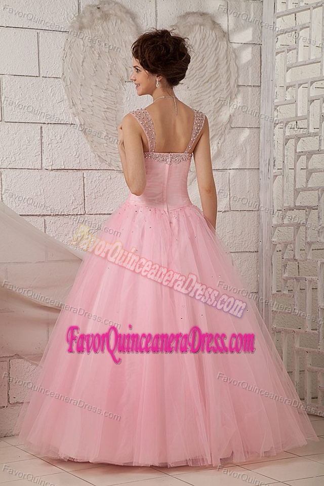 Light Pink A-line Dress for Quinceanera Made in Tulle with Beaded Straps 2013