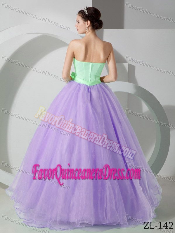 Green and Lavender Strapless Ball Gown Tulle Dresses for Quince with Bowknot