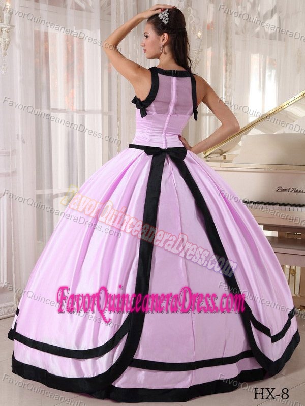 Pretty Baby Pink and Black Bateau Ball Gown Floor-length Satin Dress for Quince
