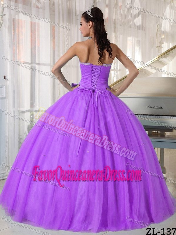Beaded Sweetheart Ball Gown Lavender Tulle Quinceanera Dresses with Bowknot