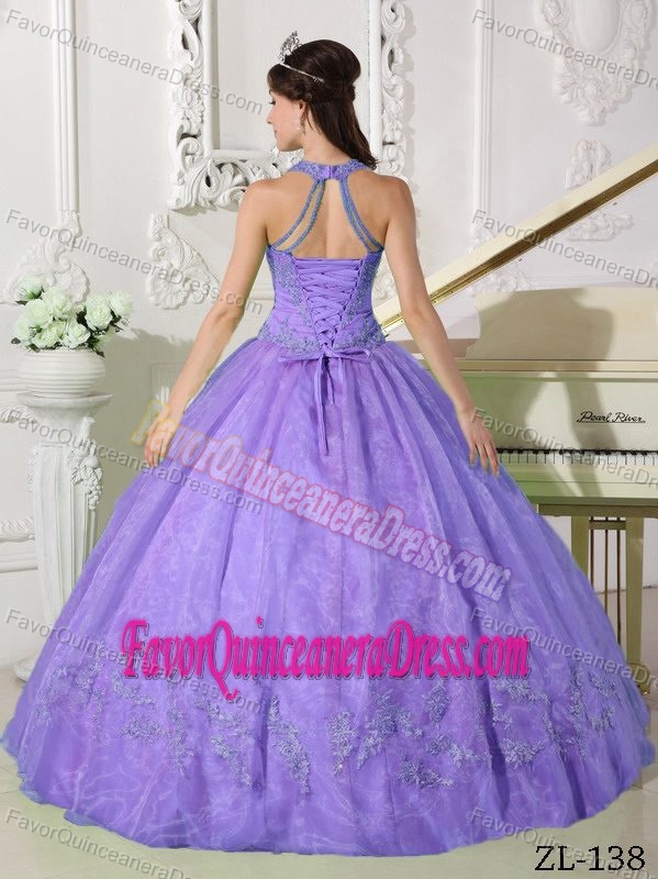Top Appliqued Organza Taffeta Lilac Quince Dress with Special Back Design