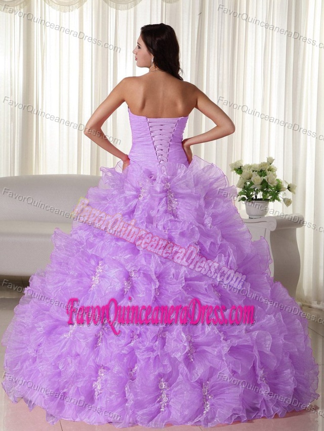 Popular Lilac Organza Strapless Quinces Dress with Ruffles and Appliques