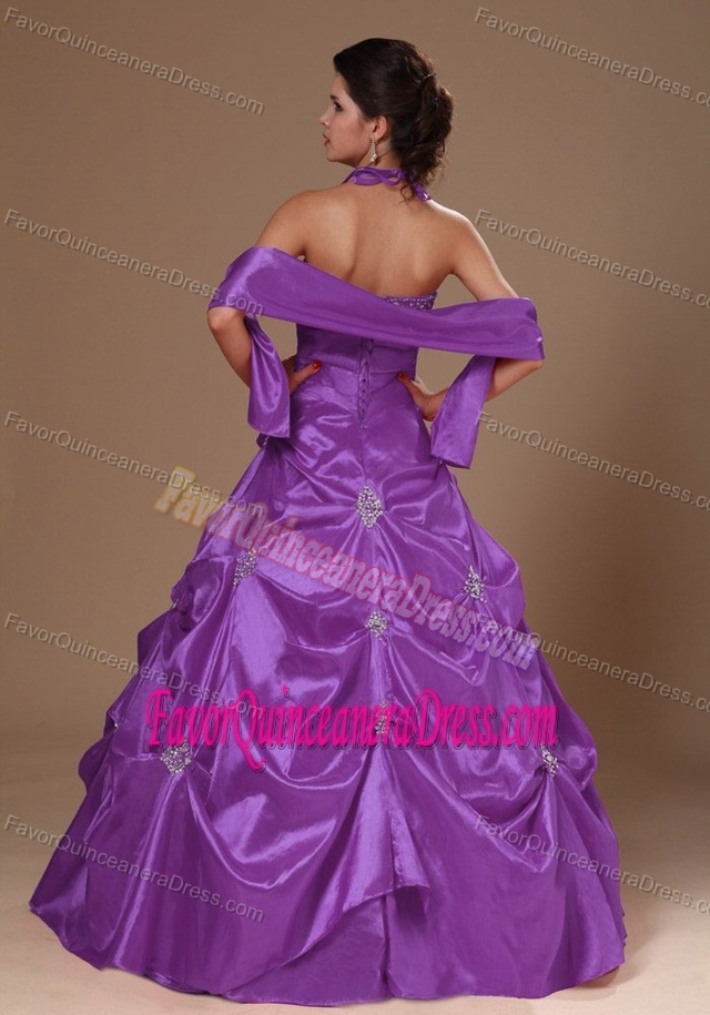 Sexy Halter Beaded Purple Taffeta Dresses for Quinceanera with Pick-ups