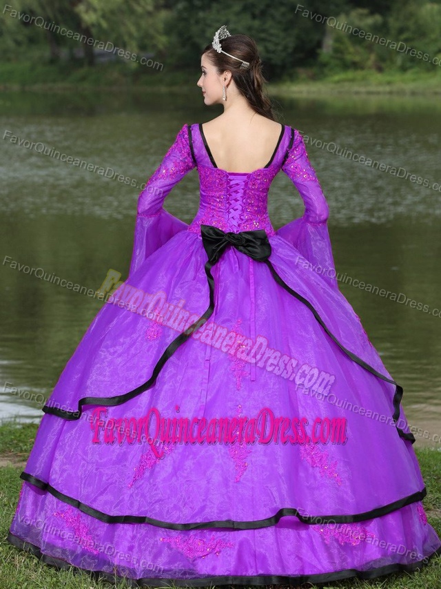 Modest Long Sleeves Purple Quinceanera Gown with Appliques in Organza