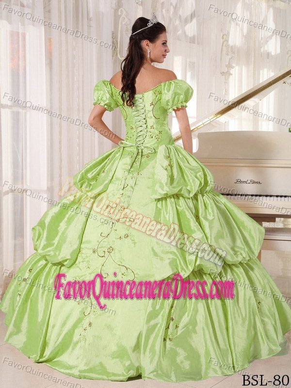 Noble Off The Shoulder Taffeta Quince Dress with Embroidery and Pick-ups