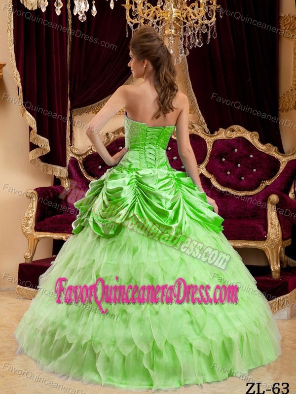 Spring Green Strapless Organza Quinceanera Dressesfor Fall with Ruffles