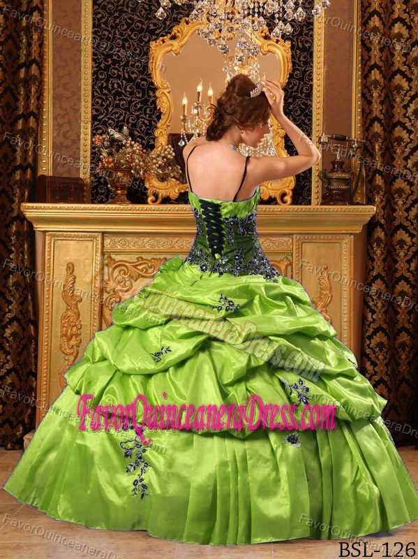 Glamorous Pick-ups Quince Dress in Lime Green Straps Taffeta Appliques