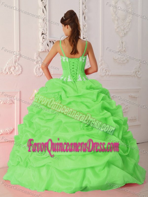 Beautiful Quinceanera Dres in Lime Green Straps Organza with Appliques