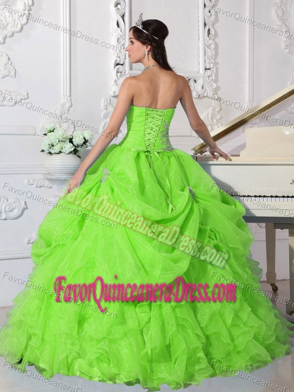 Perfect Strapless Organza Beaded and Ruffled Quince Dress in Lime Green