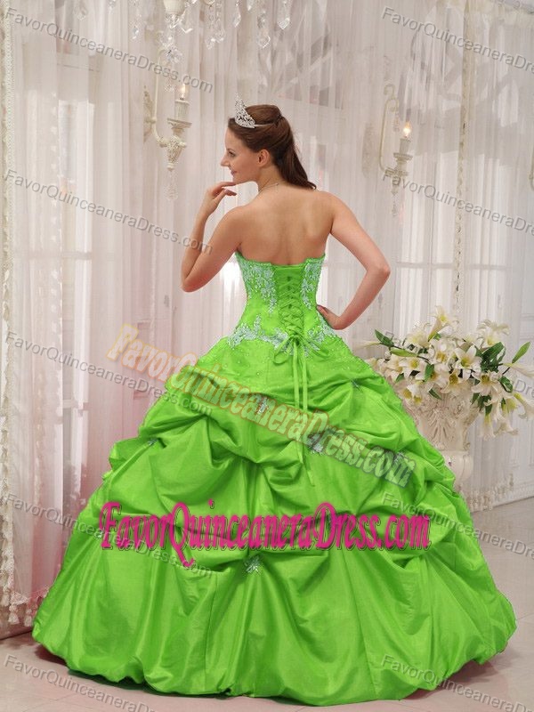 Appliques Pick-ups Sweetheart Taffeta Sweet 15 Dresses in Spring Green