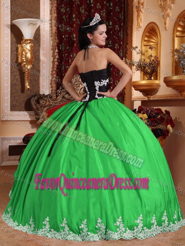Taffeta and Organza Spring Green V-neck Quinceanera Dress with Appliques