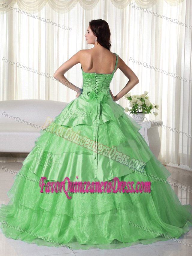 Beaded One Shoulder Green Organza Sweet Sixteen Dresses Layered on Sale