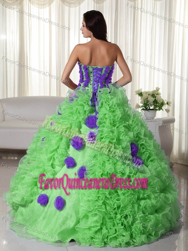 Strapless Spring Green and Purple Organza Quinces Dresses with Beadings