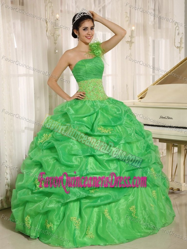 One Shoulder Spring Green Floral Quince Dresses with Embroidery Pick-ups