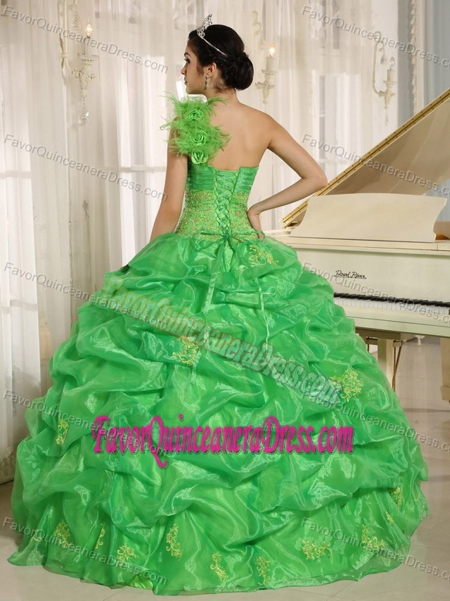 One Shoulder Spring Green Floral Quince Dresses with Embroidery Pick-ups