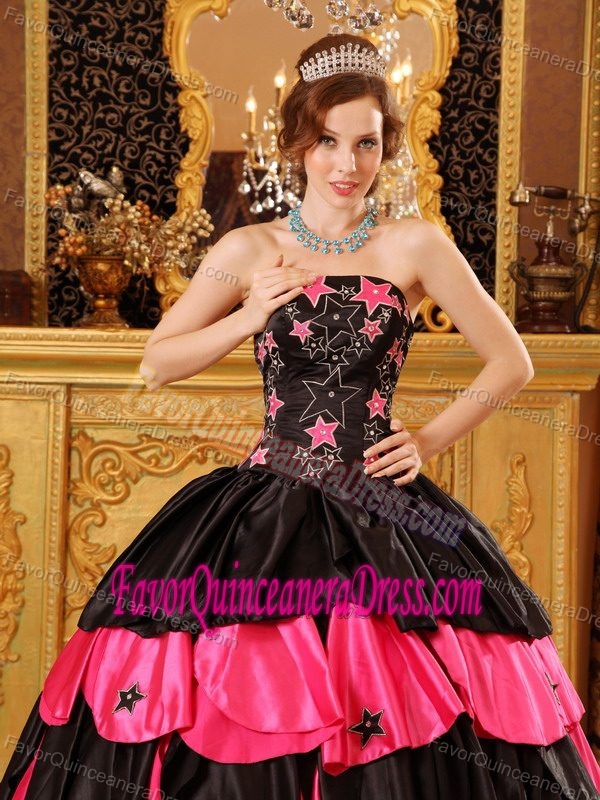 Black and Fuchsia Strapless Floor-length Taffeta Quinceanera Gowns with Layers
