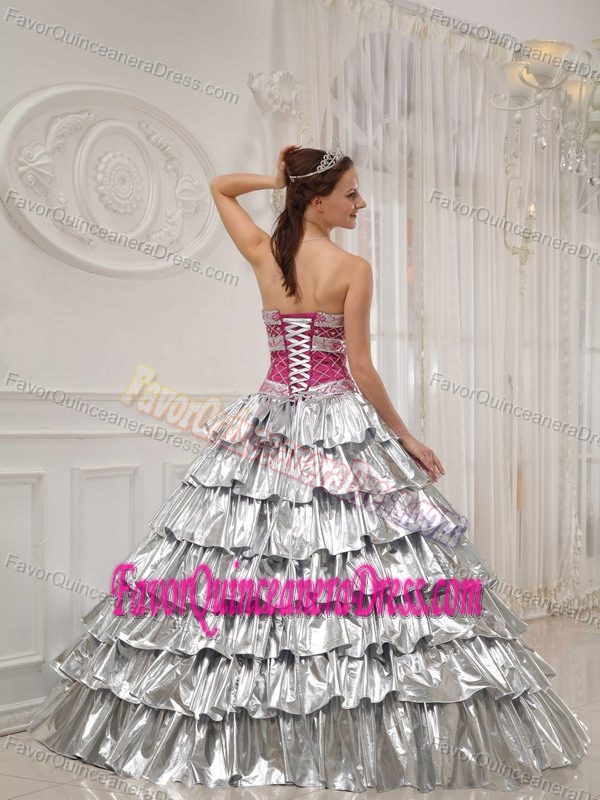 Fuchsia and Silver Strapless Taffeta Quinceanera Dresses with Beading and Layers