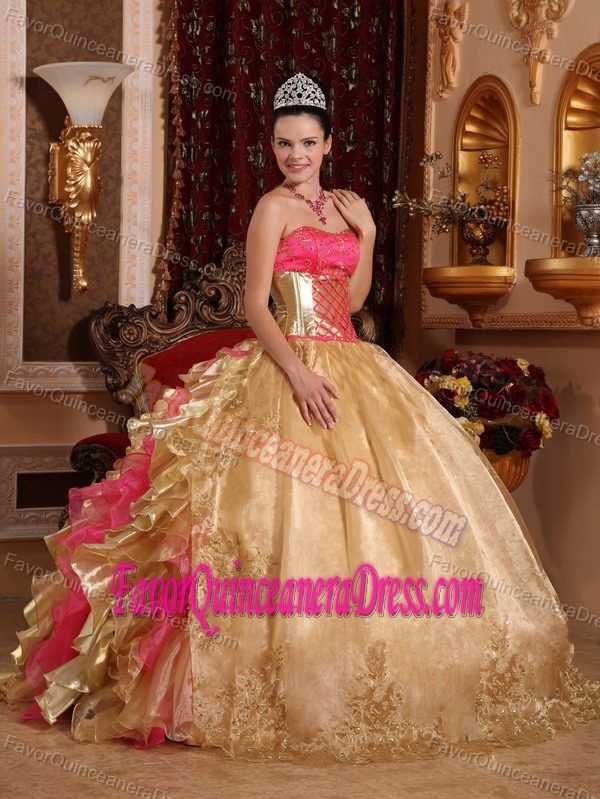 Exquisite Gold and Pink Strapless Organza Quinceanera Dress with Embroideries