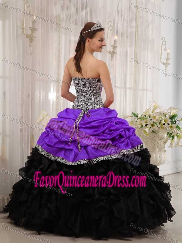 Sexy Sweetheart Purple Taffeta and Black Organza Dress for Quince with Pick-ups