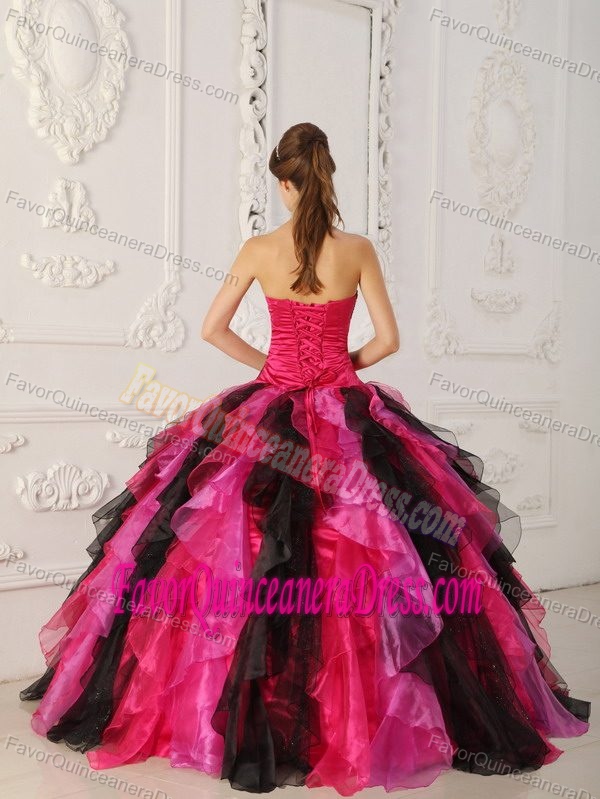 Multi-colored Strapless Organza Dresses for Sweet 16 with Appliques and Ruffles