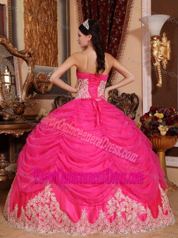 Brand New Hot Pink Organza Dress for Quinceanera with Lace Appliques