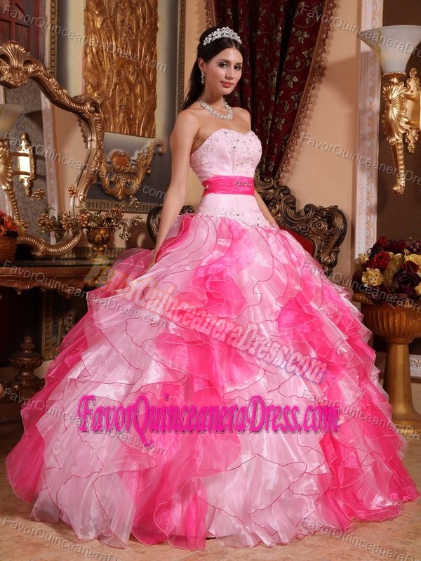 Perfect Pink and Red Organza Sweetheart Quinceaneras Dresses with Ruffles