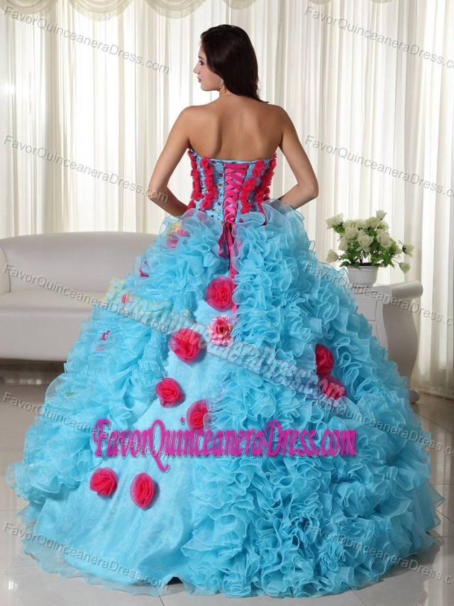 New Style Aqua Blue Organza Quinceanera Gowns with Flowers and Ruffles