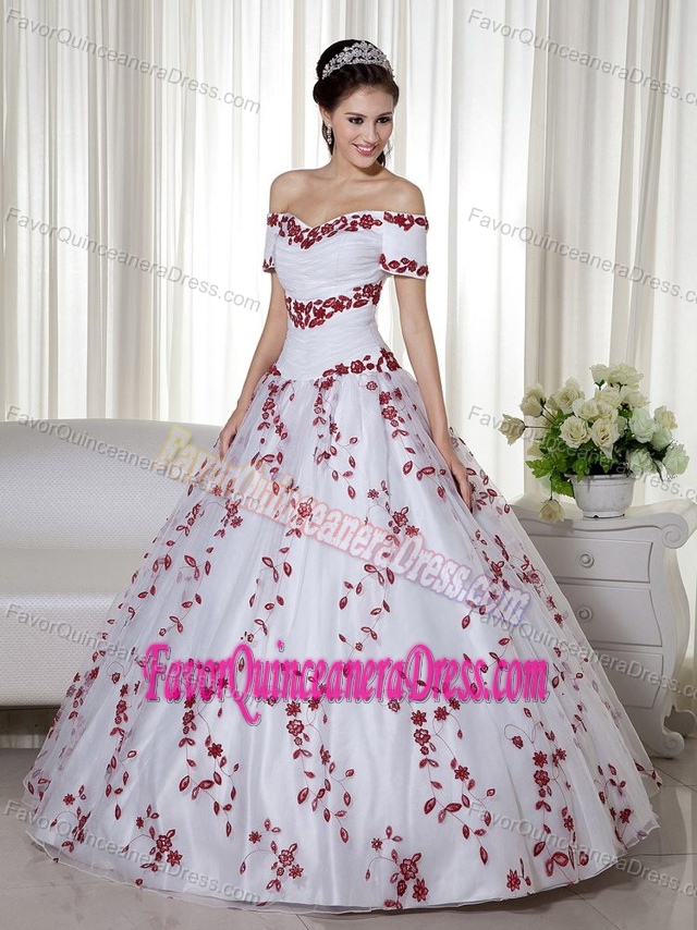 Modest Off The Shoulder White and Red Quinces Dresses with Embroidery
