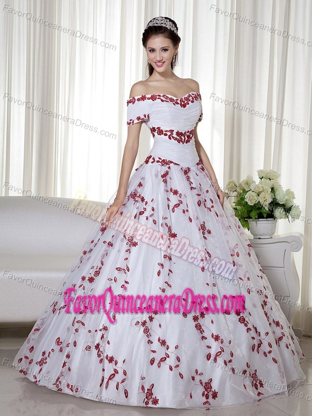 Modest Off The Shoulder White and Red Quinces Dresses with Embroidery