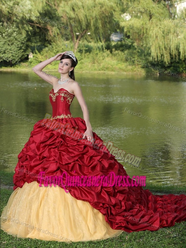 New Red and Yellow Brush Train Taffeta Quinceanera Dress with Pick-ups