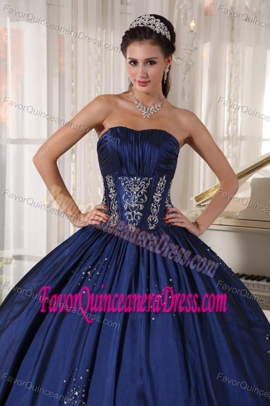 Strapless Taffeta Embroidery and Beaded Quinceanera Gowns in Navy Blue