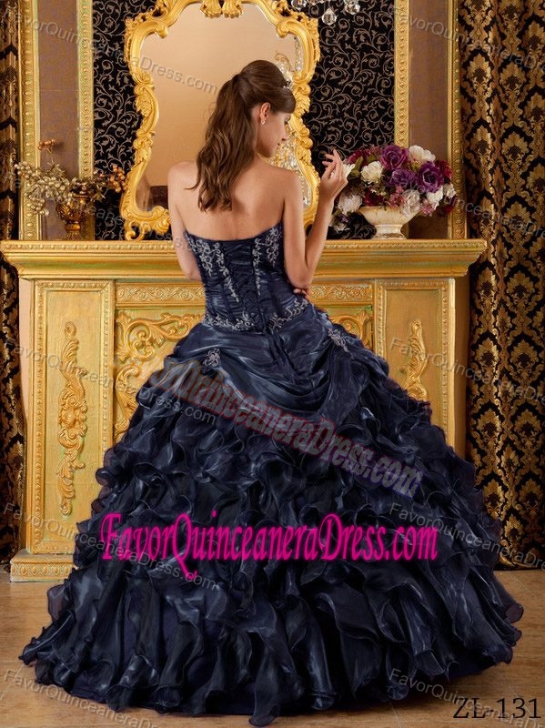 Navy Blue Ball Gown Sweetheart Organza Quinces Dresses with Ruffles