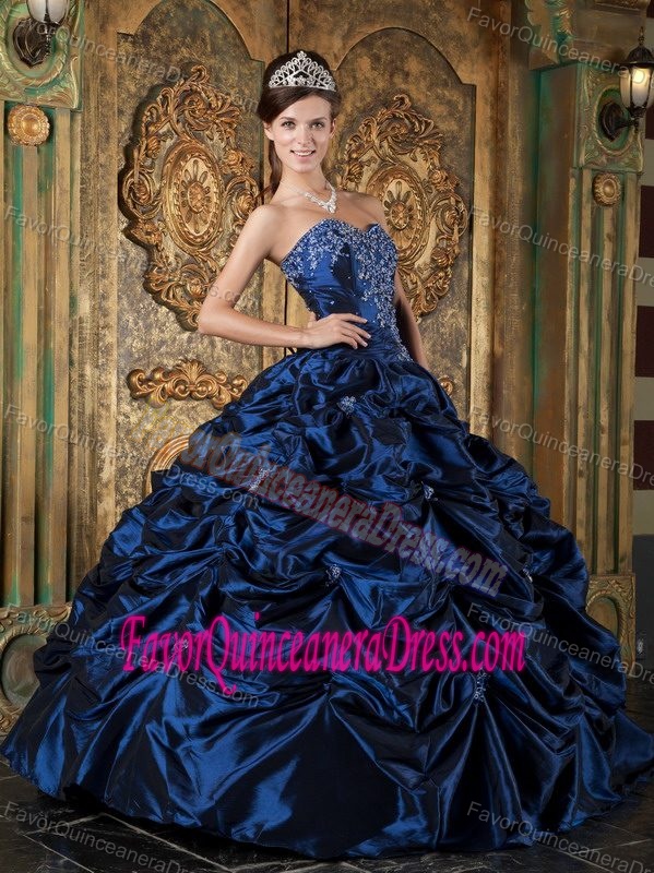 Navy Blue Ball Gown Sweetheart Taffeta Quinces Dresses with Picks-up