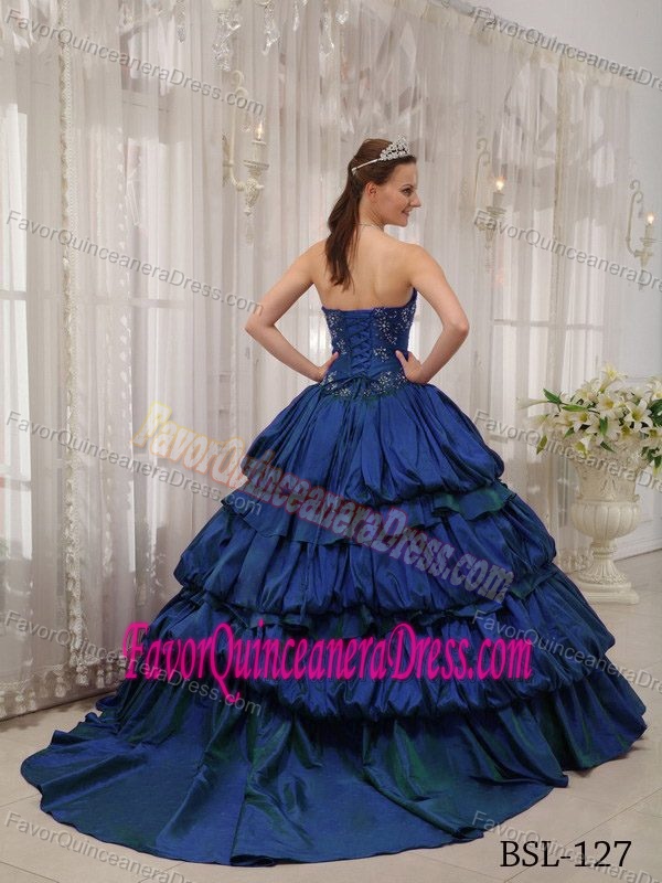 Blue Sweetheart Taffeta Appliqued for Quinceanera Dress with Court Train